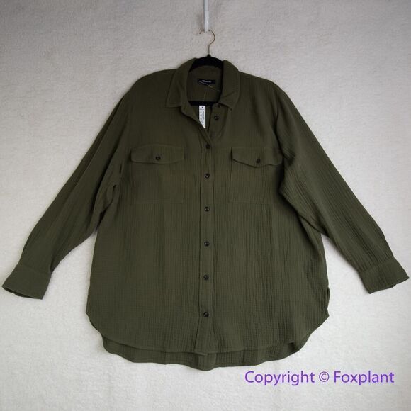 New! Madewell Lightspun Flap Pocket Oversized Ex-Boyfriend Shirt  green, size 1X - Picture 2 of 16